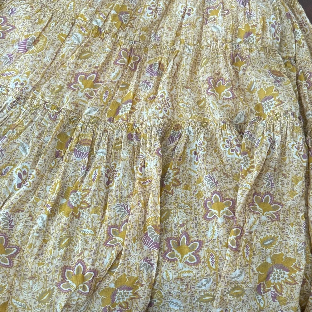 Free People getaway babydoll ruched Mustard tiered Floral Maxi Dress S